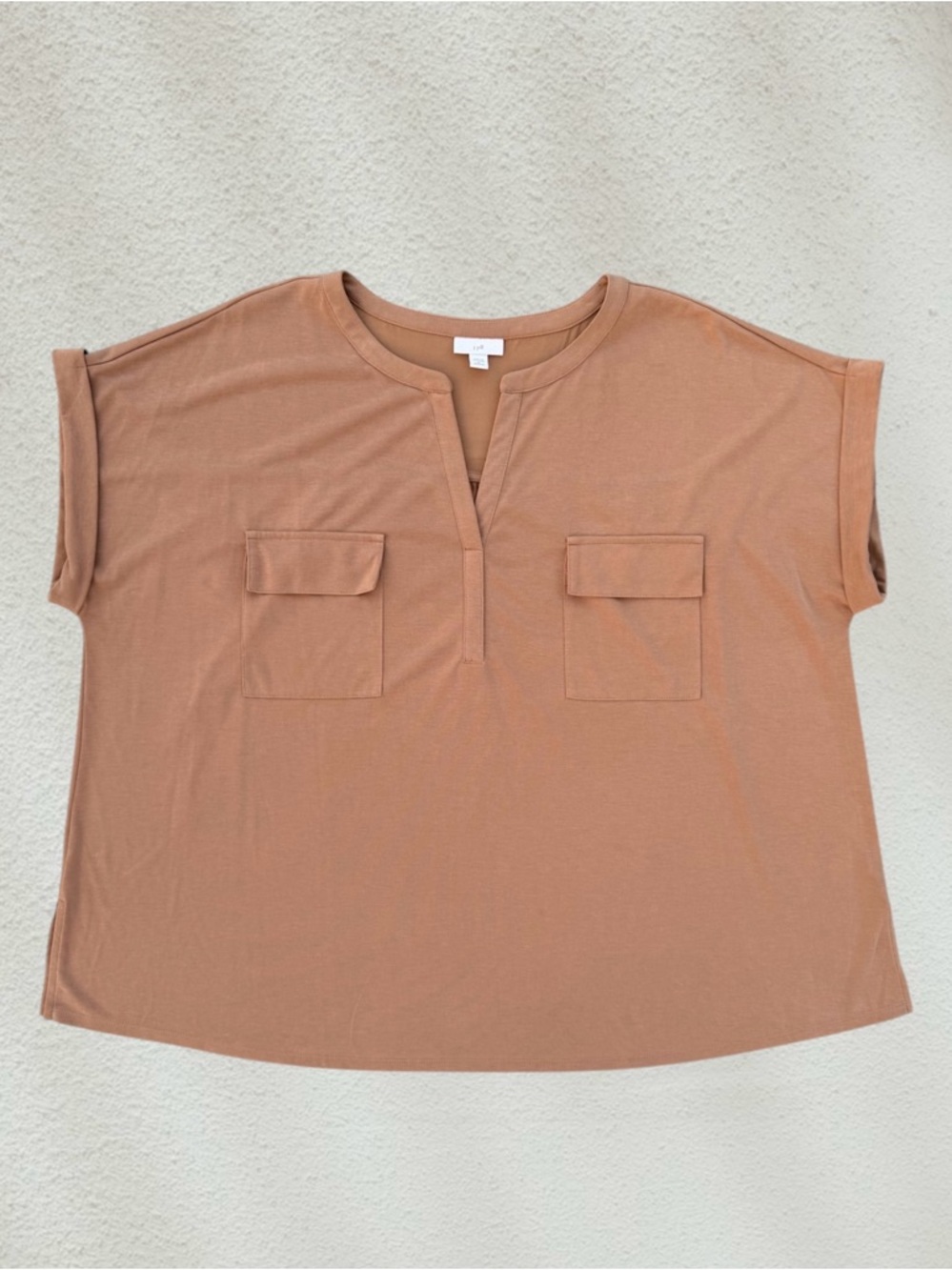 J. Jill Camel/Tan Short-Sleeve So-Soft V-Neck Knit Camp Shirt, Women’s 2X